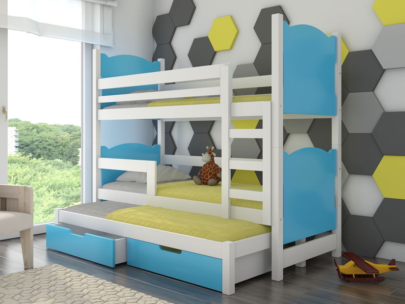 Pat etajat pentru copii 180x75 cm Lukrécia (cu somieră și saltea) (Alb + Albastru)