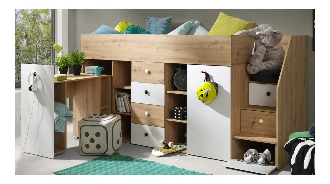 Pat pentru copii combinat 90 cm Sami 3 (Stejar artisan + alb mat + mânere negre) (D)