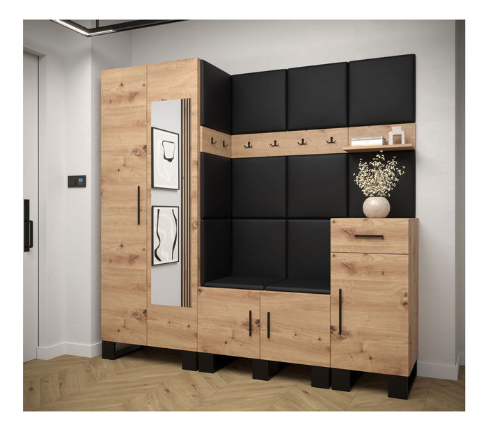 Predsieňová zostava Amanda 13 (dub artisan + čierna ekokoža)