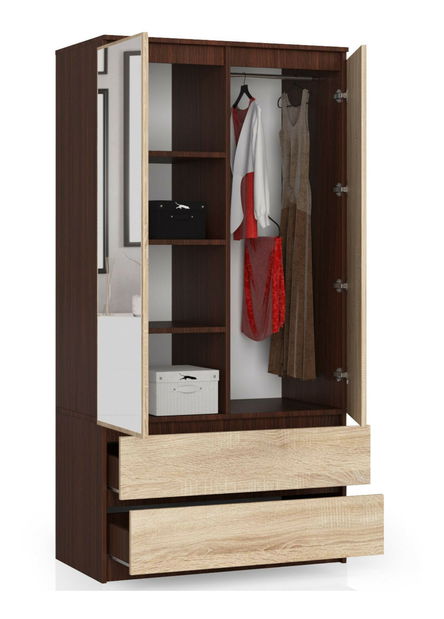 Ruhásszekrény Safwan II (wenge + szonoma tölgy) (tükörrel)