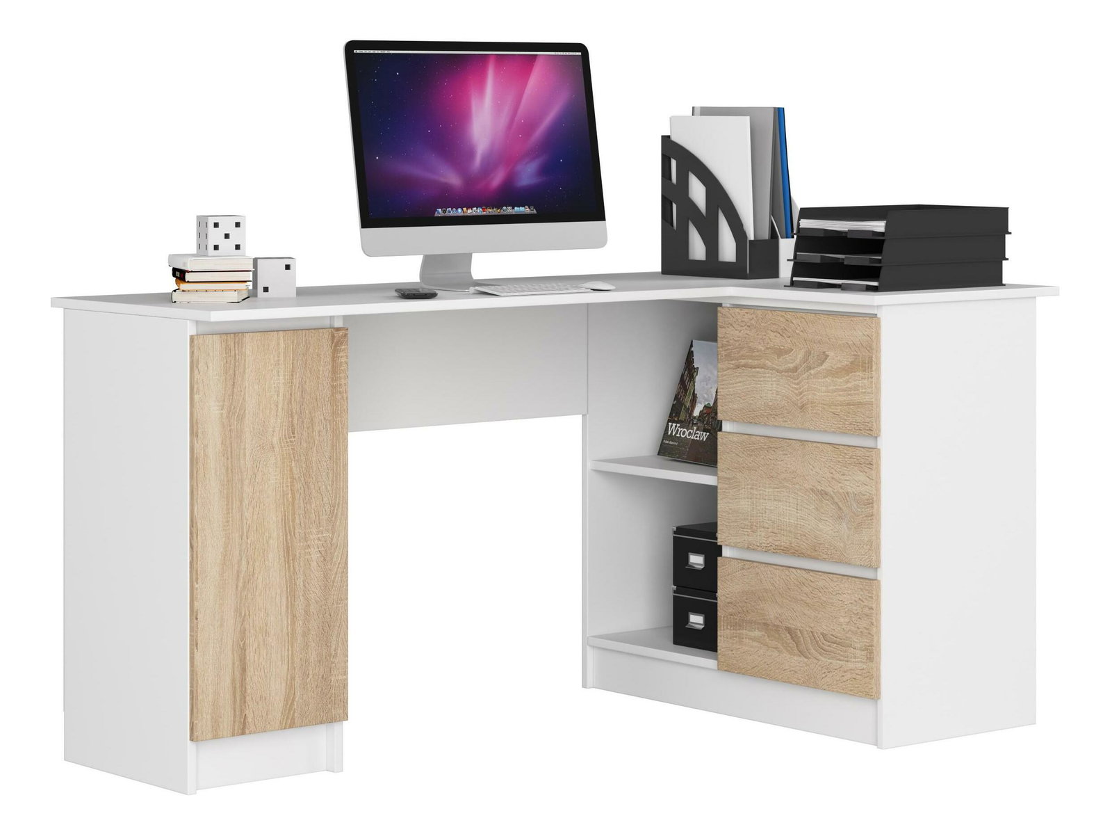 Sarok PC asztal Bevin (fehér + sonoma tölgy) (J)