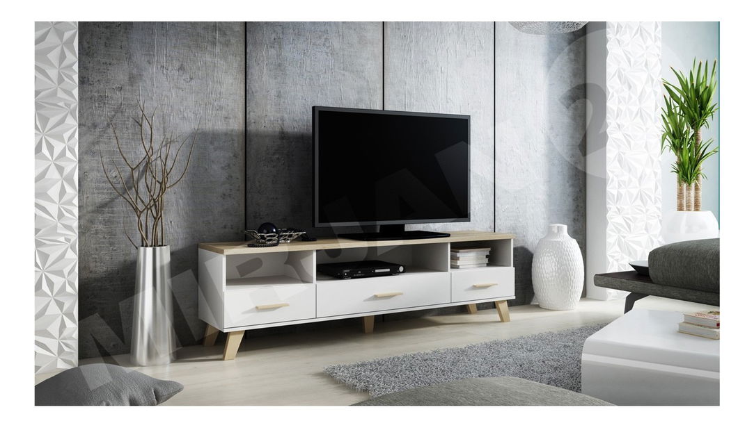 TV szekrény Sanna 180 3S3K RTV (ragyogó matt fehér + sonoma tölgy) *bazár