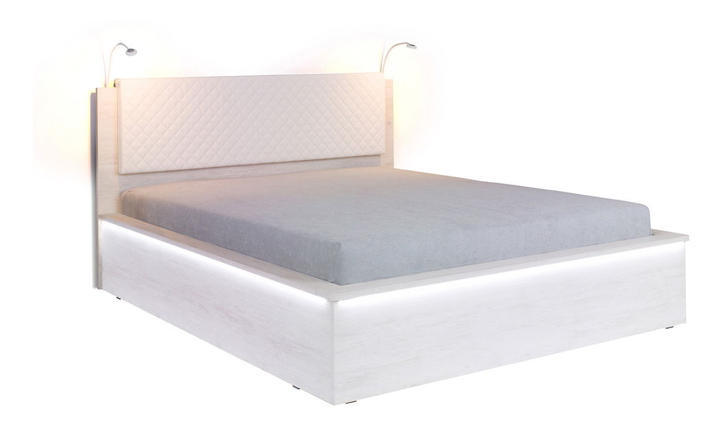 Franciaágy 160 cm Desayuno P (fehér tölgy + fehér öko-bőr) (ágyráccsal)