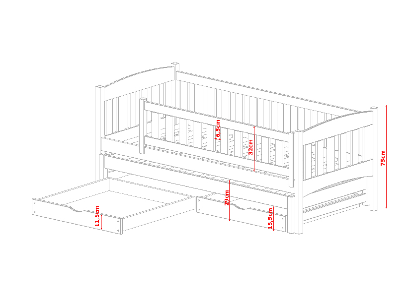 Gyerekágy 90 x 190 cm Amalia (ágyráccsal és tárolóhellyel) (borovi fenyő)