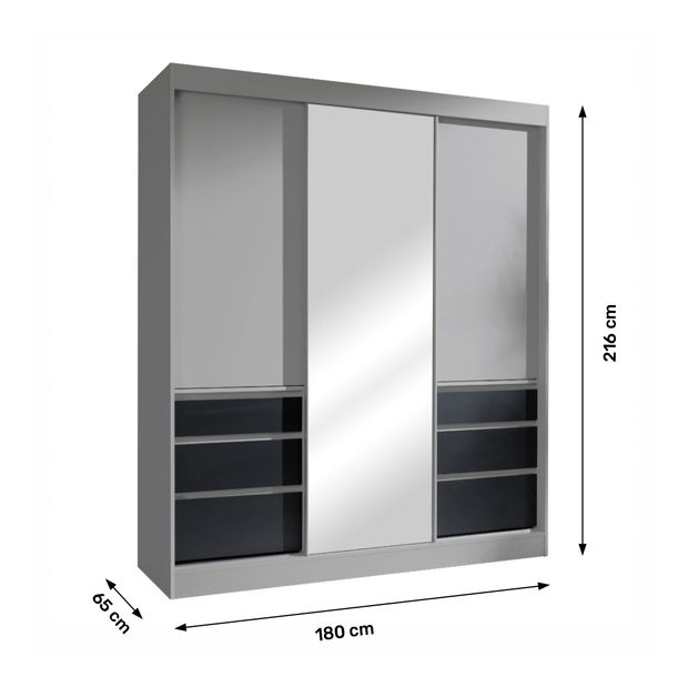 Šatníková skriňa 180 so zrkadlom Romunald (sivá + čierna)