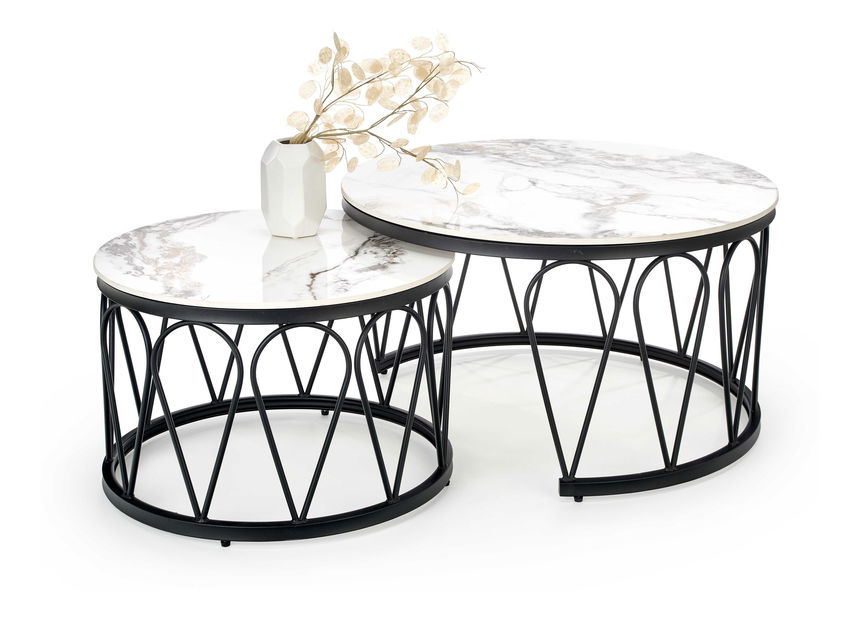 Set 2 buc. măsuțe de cafea Fermina (marmură albă + negru)