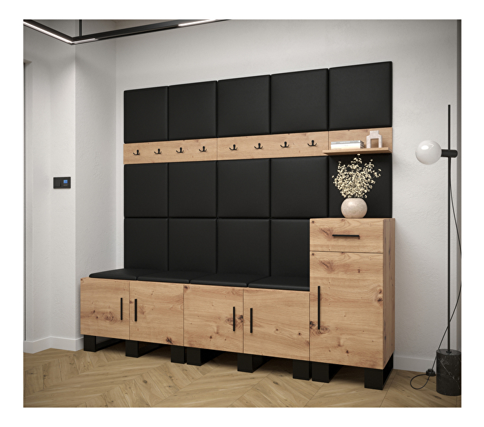 Set mobilier pentru hol Amanda 8 (Stejar artisan + piele ecologică Negru)