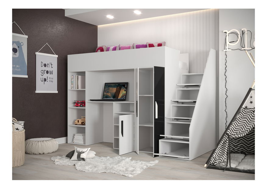 Pat pentru copii combinat 90 cm Puro 14 (alb mat + alb lucios + roz lucios)