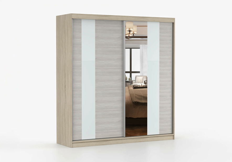 Ruhásszekrény Mebur 32 200 (Sonoma tölgy + Katthult + Fehér üveg + Tükör)