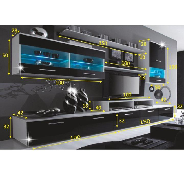 Obývacia stena Leodan (biela + čierna) (s osvetlením)