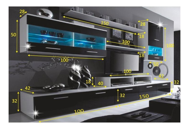 Mobilier living Leodan (alb + negru) (cu iluminat)