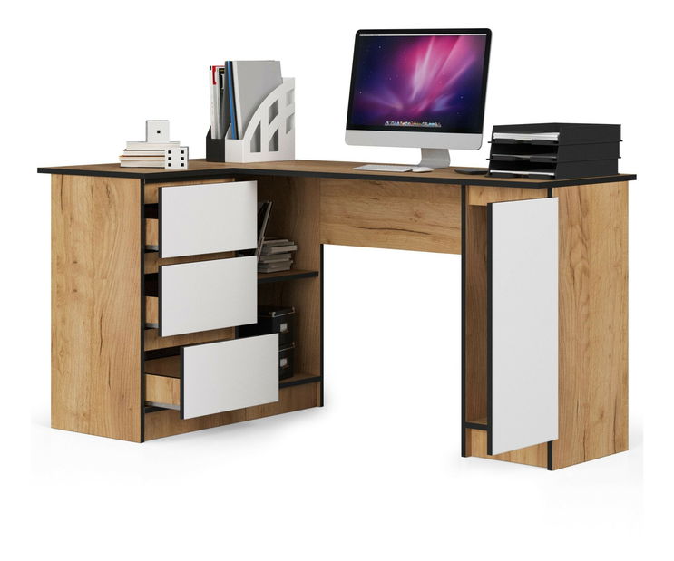 Rohový PC stolík Bevin (dub craft + biela) (L)