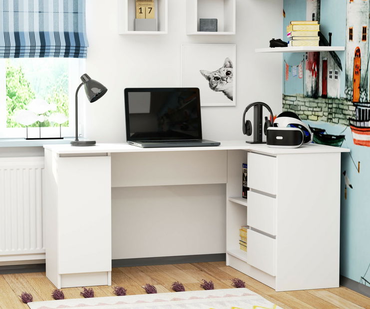 Masă PC de colț Bevin (alb) (D)