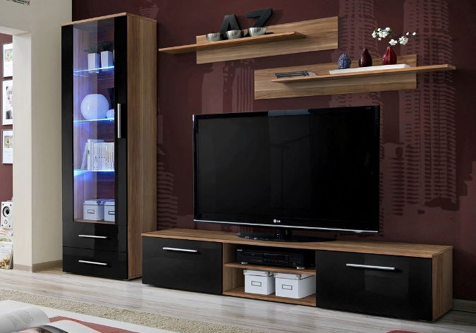 Obývacia stena Gorefield 23 NSH GA (s osvetlením) (slivka + lesk čierny)