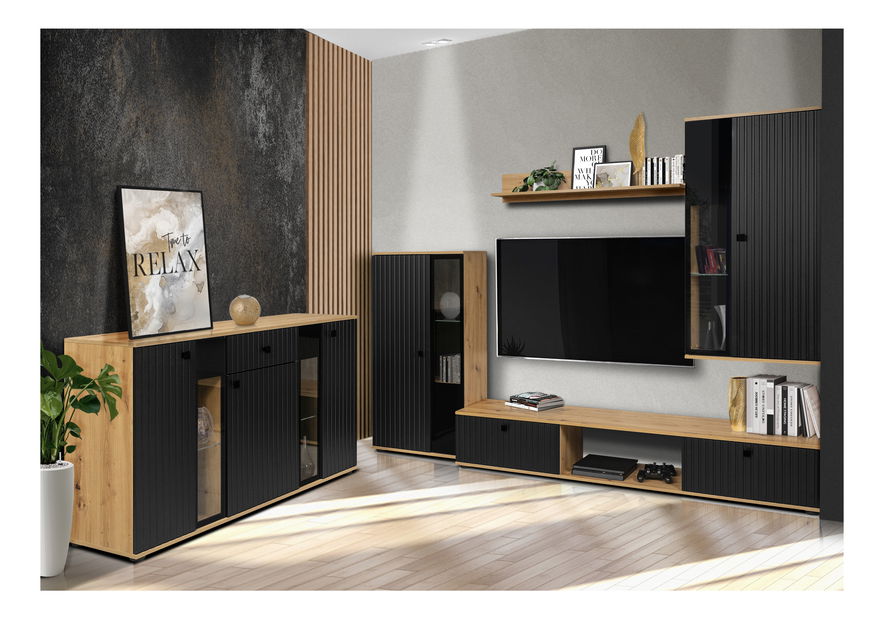 Obývacia stena Saul (čierna + dub artisan) (bez osvetlenia)