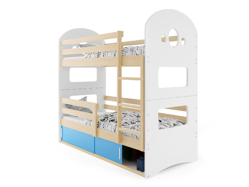 Poschodová posteľ 80 x 190 cm Domur (borovica + modrá) (s roštami, matracmi a úl. priestorom)