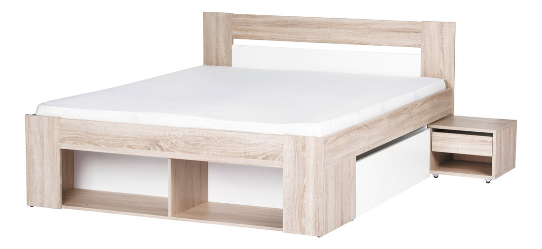 Bračni krevet 140 cm Melinne 08 (hrast sonoma 3D + bijela) (s prostorom za odlaganje i noćnim stolićima)