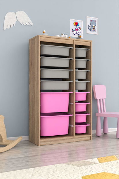 Organizator jucării Dremonka 6 (Stejar sonoma + Gri + roz)