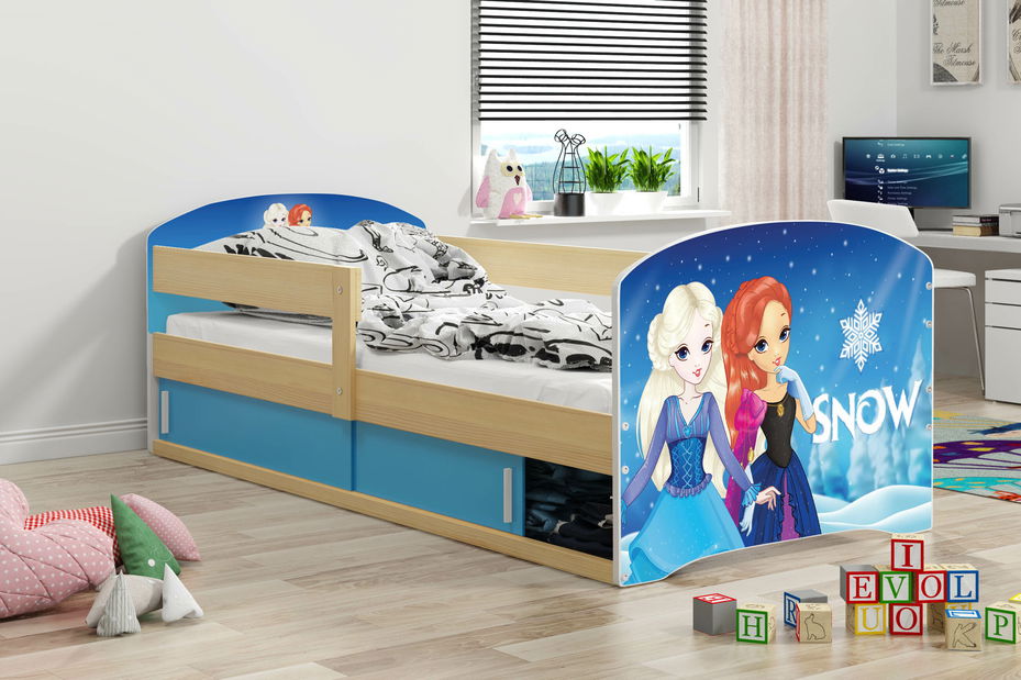 Pat pentru copii 80 x 160 cm Lukan (Pin + Motiv snow) (cu somieră, saltea și sp. depozitare)