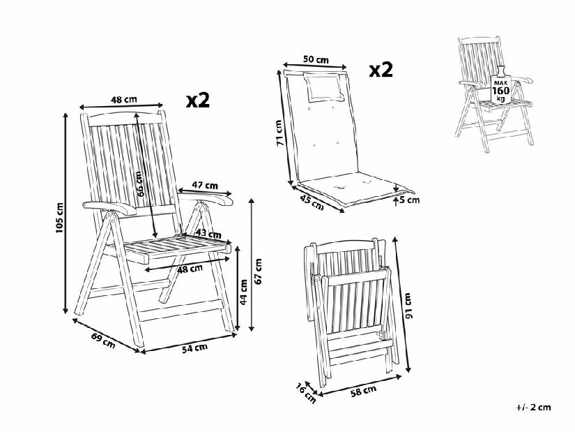 Set 2 buc scaune de grădină Amati (lemn închis + roșu)