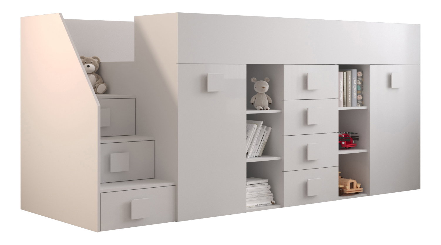 Detská kombinovaná posteľ 90 cm Toreno 3 (biela + biely lesk + biele lesklé madlá) (L)