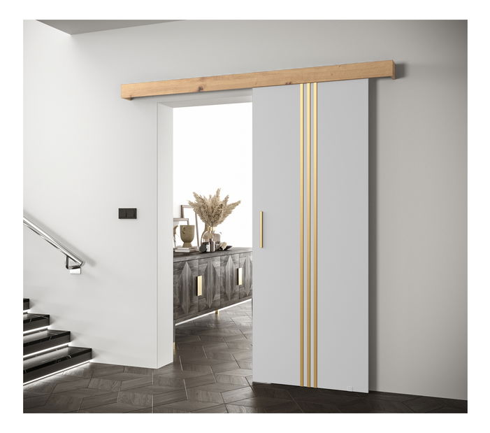 Uși culisante 90 cm Sharlene V (alb mat + stejar artisan + auriu)