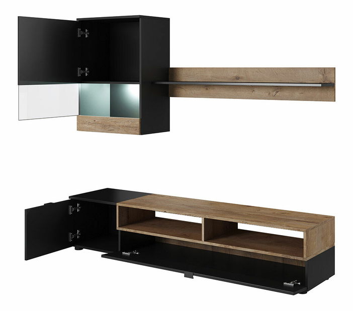 Nappali bútorsor Timothy (fekete + lefkas tölgy) (fehér LED világítás)