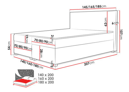 Franciaágy 180 cm Moritena (szürke + fekete) (ágyráccsal és matraccal) (tárolóhellyel)