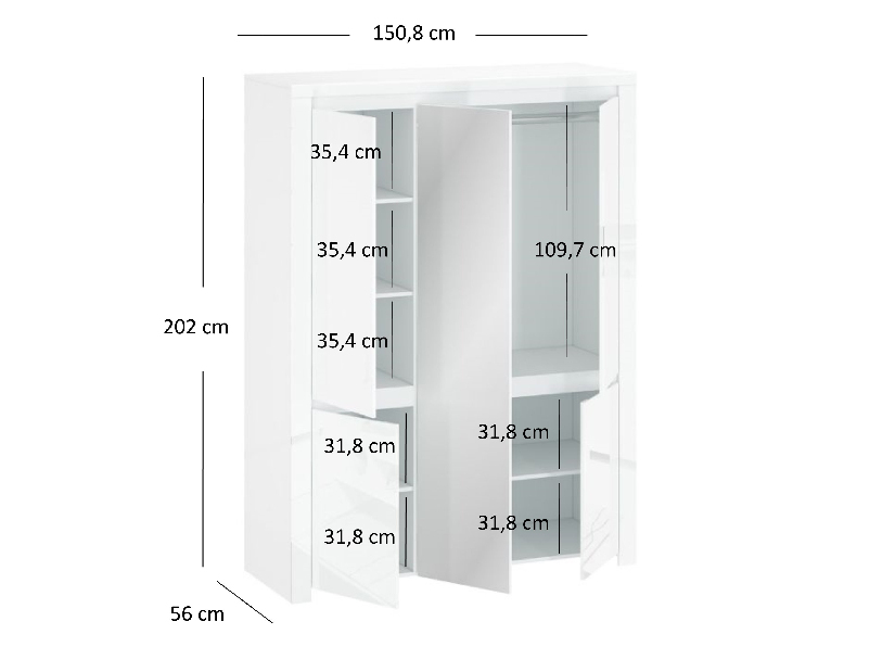 Šatníková skriňa Leona 5D (so zrkadlom) (biela lesklá)