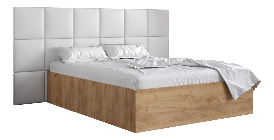 Pat matrimonial cu tăblie tapițată 160 cm Brittany 4 (Stejar craft auriu + Alb) (cu somieră)