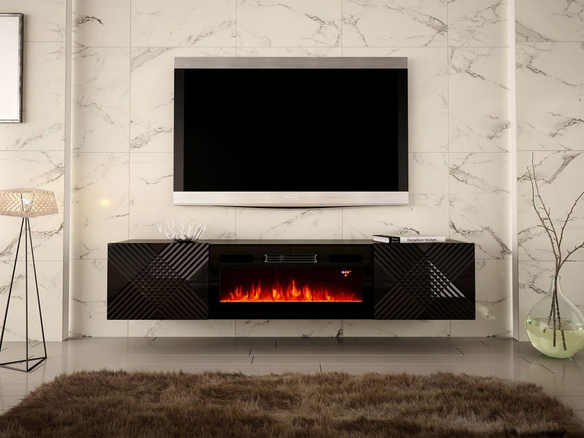 TV ormarić/stolić s električnim kaminom Madrealla 2D (crna + crna sjajna)