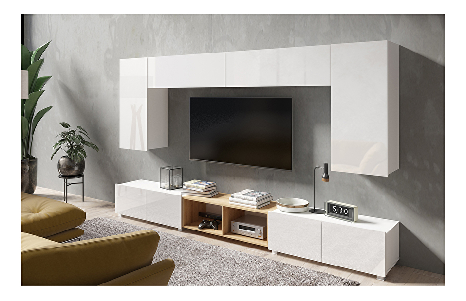 Mobilier living Calabria C23 WHITE (Alb + Stejar auriu) (fără iluminat)