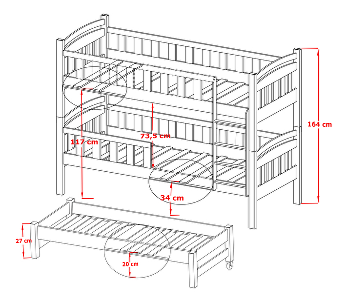 Detská posteľ 90 x 200 cm ANNETT (s roštom a úl. priestorom) (borovica)