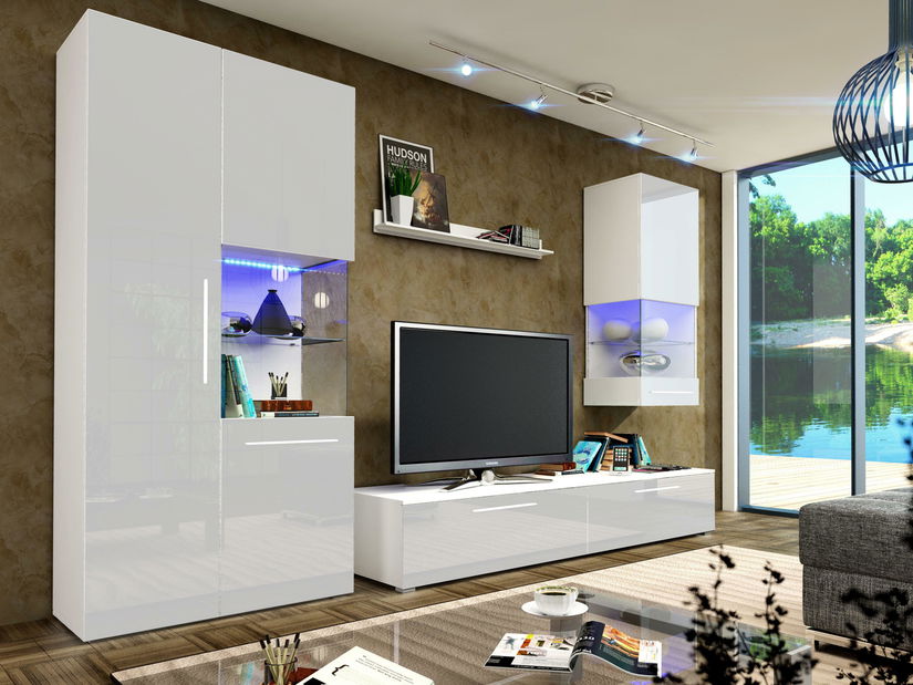 Obývacia stena Nivel II (biela + lesk biely) (s osvetlením)
