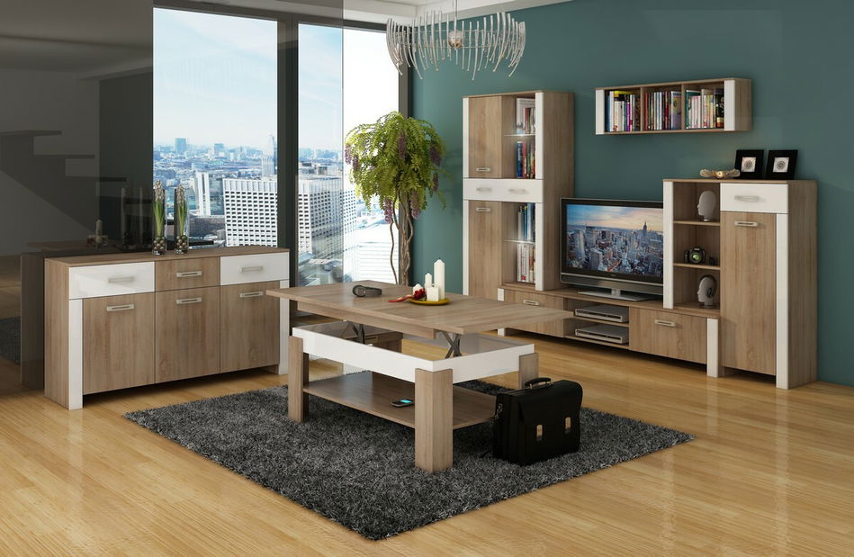 Obývacia stena Hugo 1 Sonoma svetlá + Lesk biely