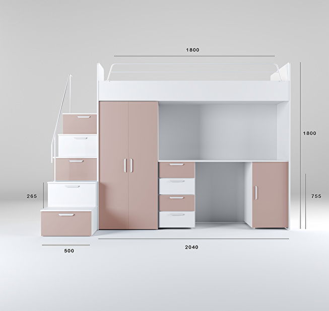 Pat pentru copii Ruby IV S (alb + antic roz) (cu somiere)