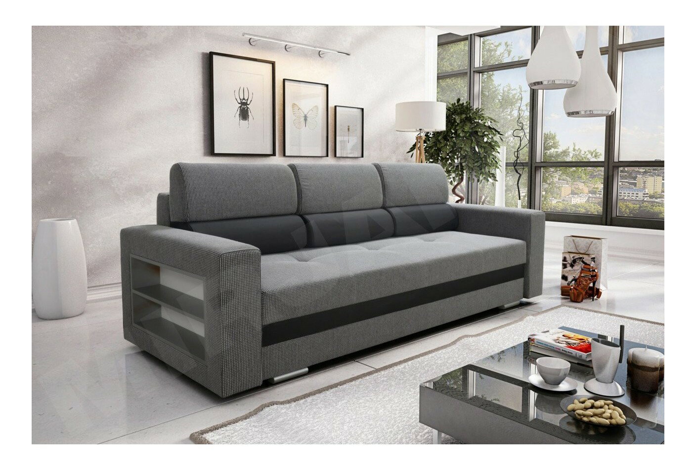 Canapea extensibilă Carona (Gri + Negru) (cu sp. depozitare)