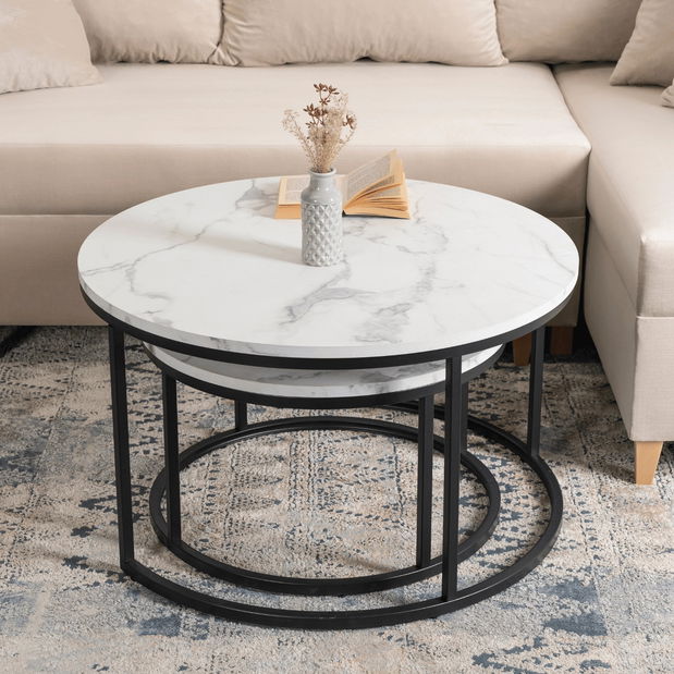 Set 2 konferenčných stolíkov Delito Max (mramor biely + čierna) 