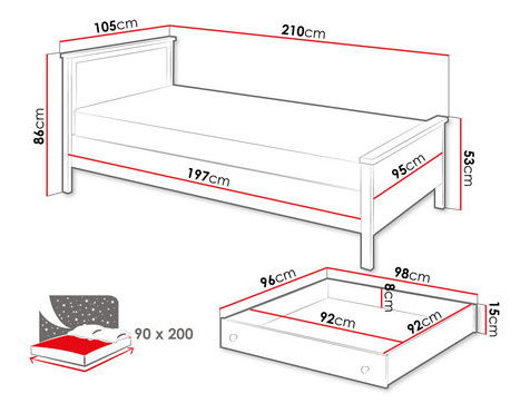 Pat de pesoană 90cm Sukura (alb + Stejar nash)