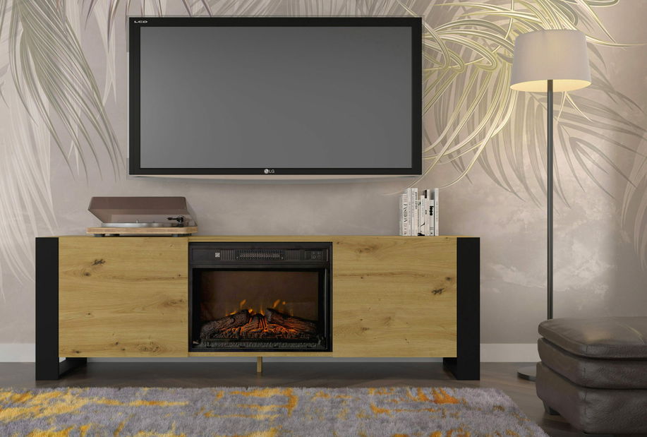 Masă TV cu șemineu Montana (Stejar artisan + Negru)