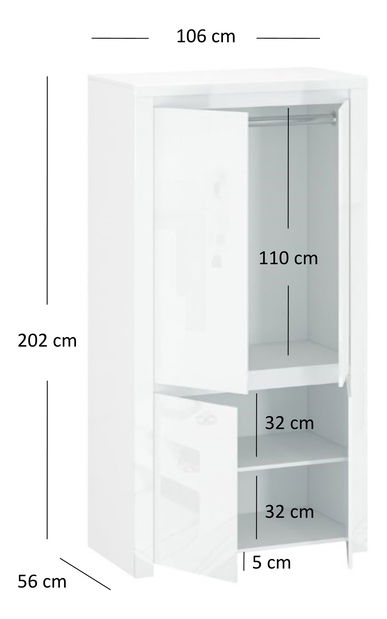 Ruhásszekrény Leona 4D (fényes fehér)