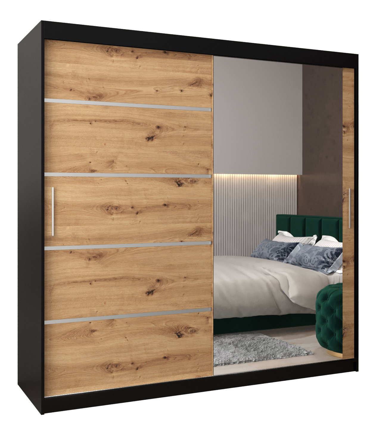 Ruhásszekrény 250 cm tükörrel Verika 2 250 (fekete + artisan tölgy)