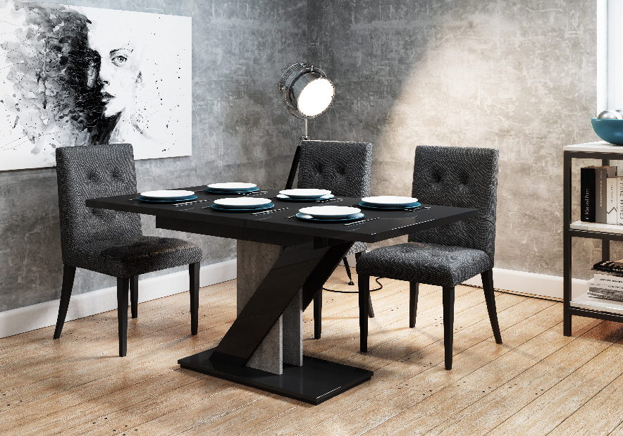 Blagovaonski stol Mevenis (sjaj crni + kamen) (za 4 do 6 osoba) *rasprodaja
