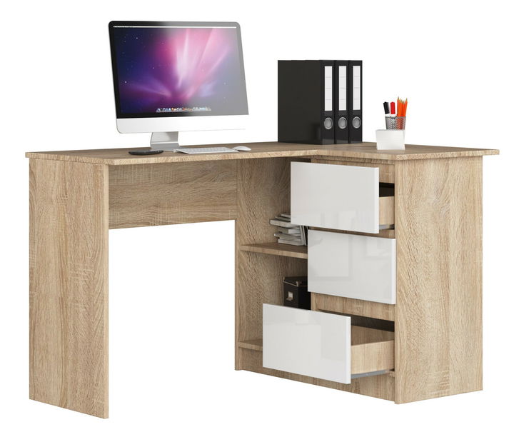 Masă PC de colț Bodhi (Stejar sonoma + alb lucios) (D)