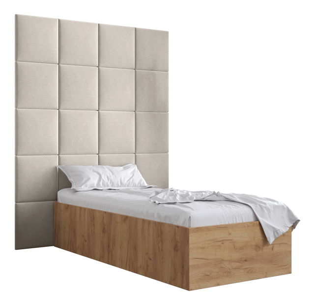 Pat de o persoană cu tăblie tapițată 90 cm Brittany 3 (Stejar craft auriu + crem) (cu somieră)