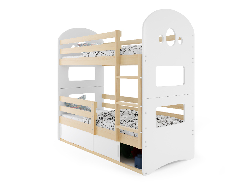 Krevet na kat 80 x 160 cm Domur (bor + bijela) (s podnicom, madracem i prostorom za odlaganje)