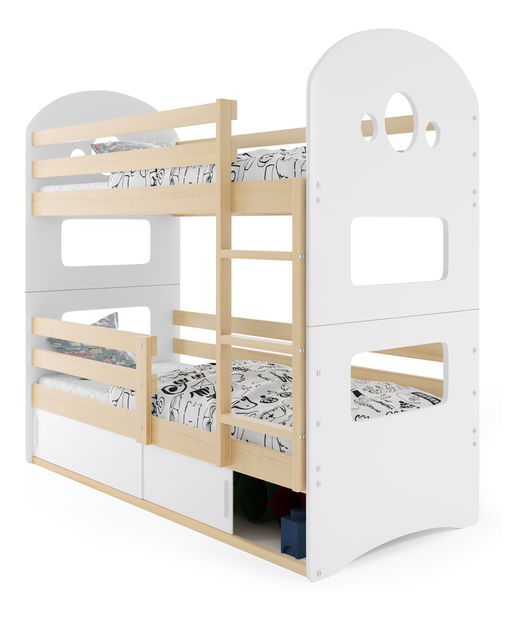 Emeletes ágy 80 x 160 cm Domur (fenyő + fehér) (ágyrácsokkal és tárolóhellyel)