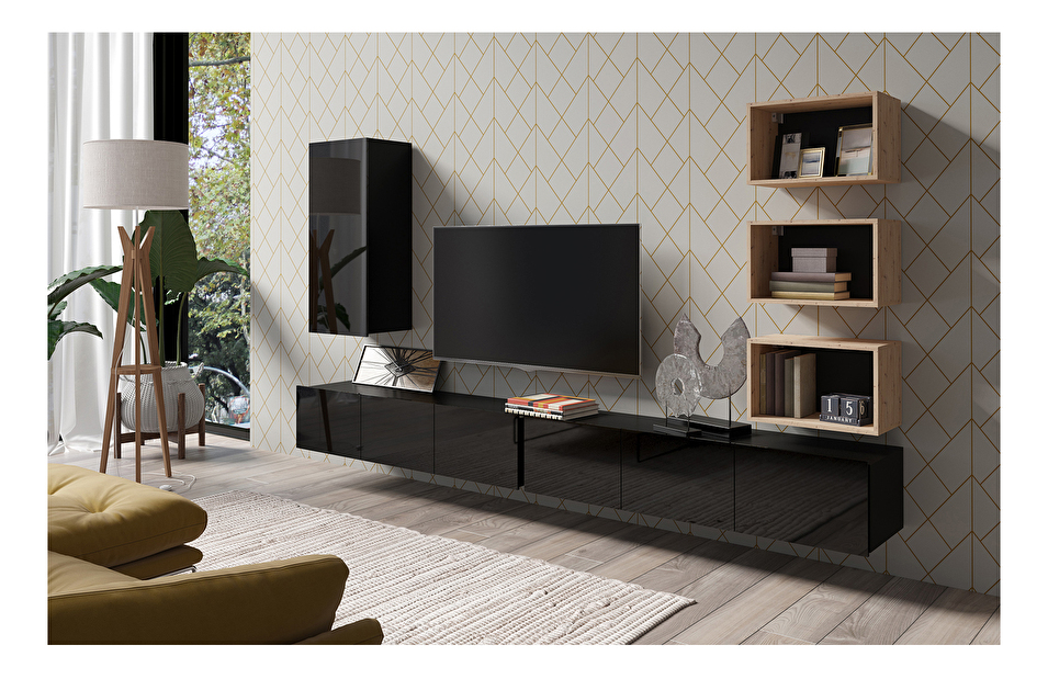 Mobilier living Calabria C36 BLACK (Negru + Stejar artisan) (fără iluminat)