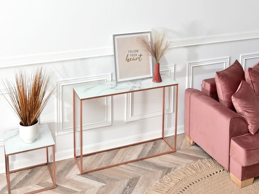 Măsuță consolă Bella Kons (marmură albă + cupru)