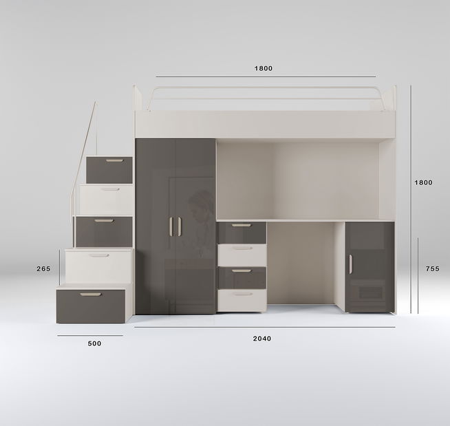 Pat pentru copii Ruby IV S (cașmir + gri lucios) (cu somiere)